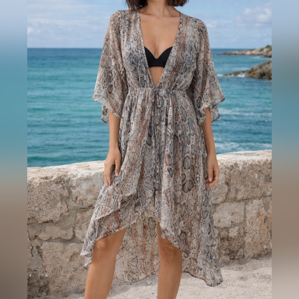 Fashion Nova Asymmetrical Snake Print Maxi Cardigan Top Coverup Black Size XL